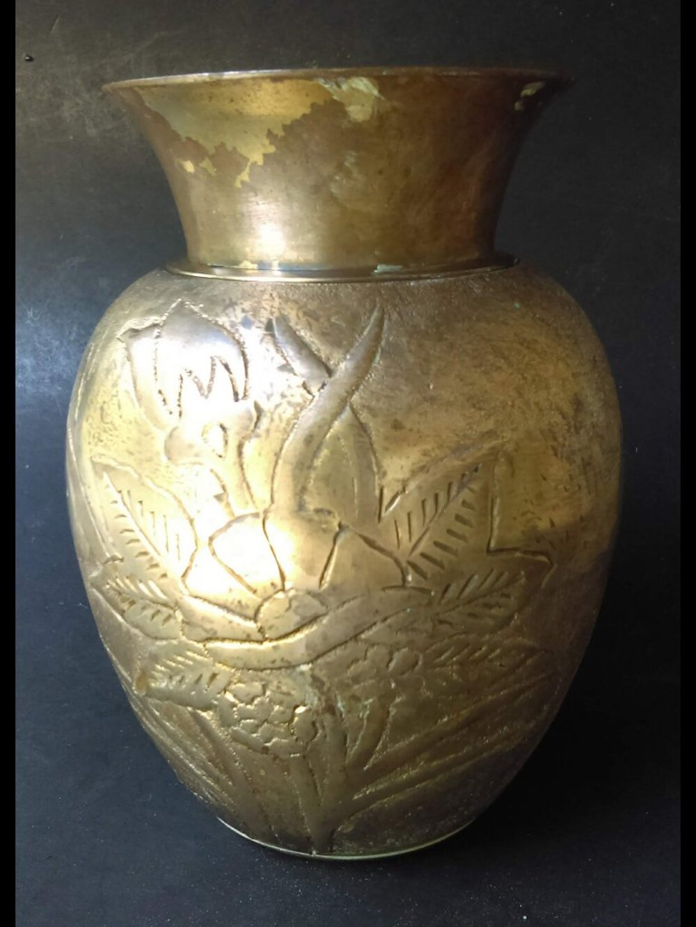 Vintage Solid Brass Embossed Raised Relief Floral Vase Decor 5-1/2" Tall